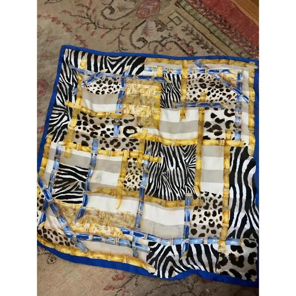 Stylish Animal Print Scarf with Blue Trim 34” x34”